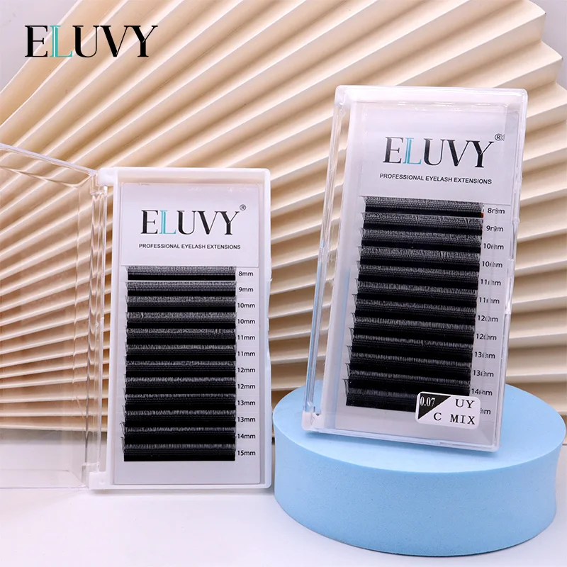 ELUVY U 字型パラレルフラワーまつげエクステンションマットブラックダブルヒント YY ボリュームソフトでふわふわつけまつげ