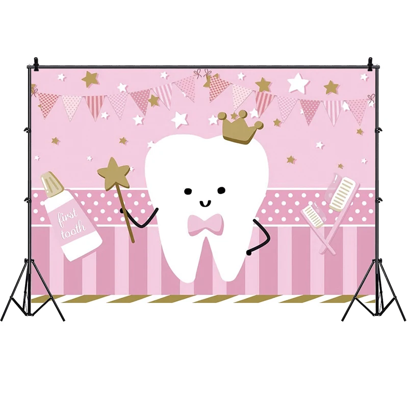 Pink First Tooth Photo Backdrop Baby Shower Newborn Boys Girls 1st Birthday Party Photography Background Cake Decor Banner