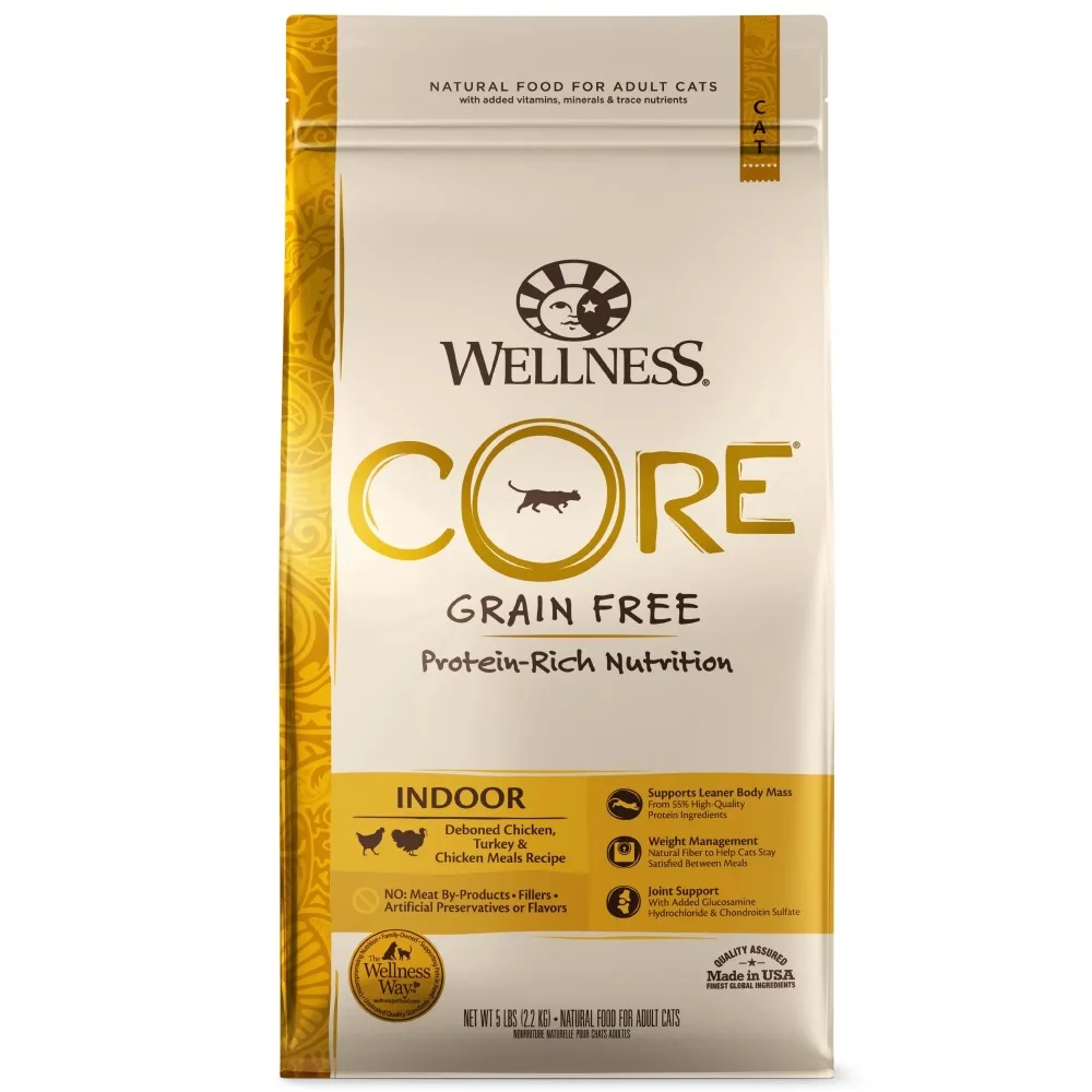 

Wellness CORE Grain-Free Chicken, Turkey & Chicken Meal Indoor Formula Dry Cat Food, 5 Pound Bag