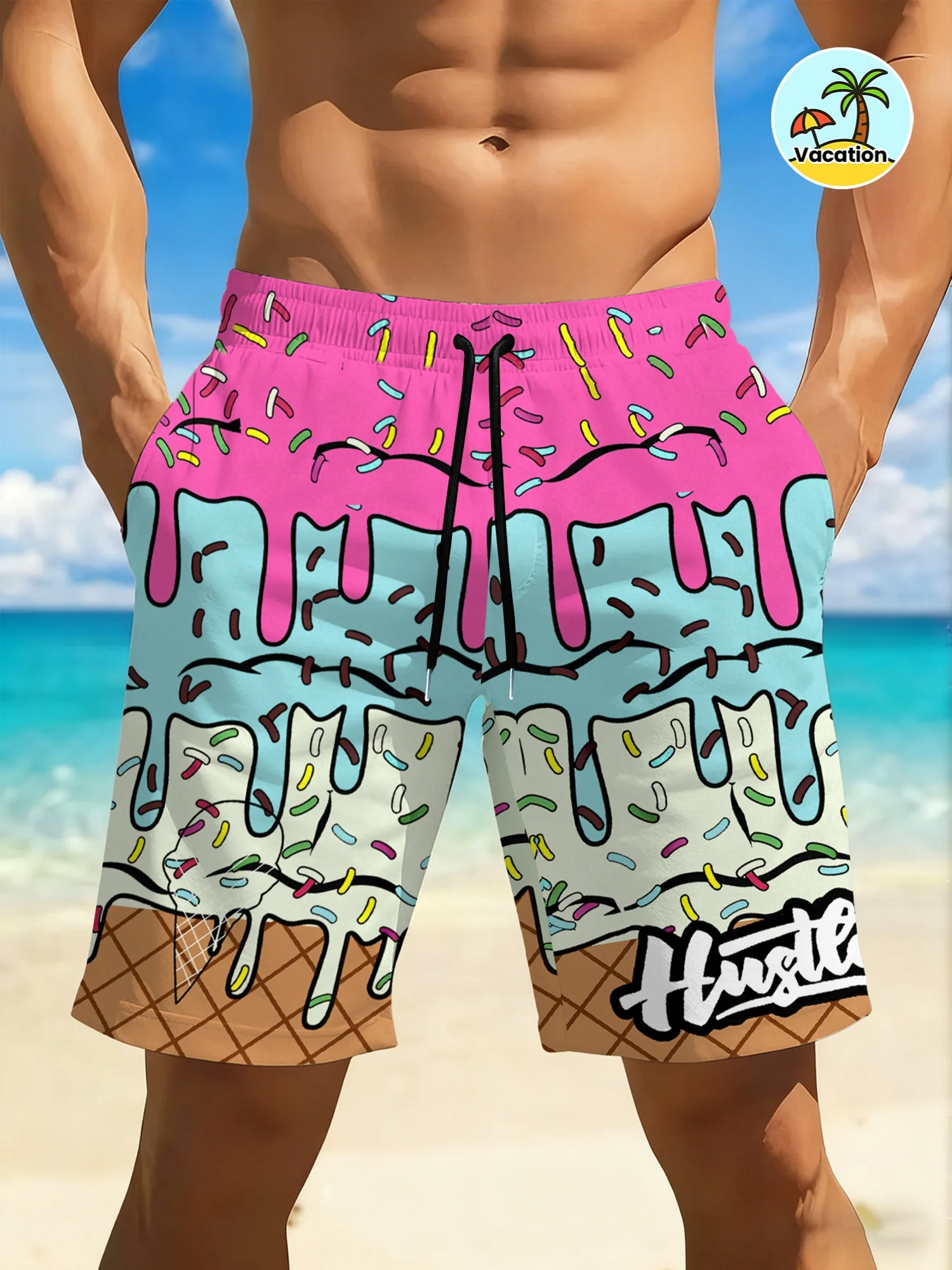 Men's Summer Quick Dry Swim Shorts, Fun Colorful Ice Cream Print Drawstring Beach Board Shorts with Pockets