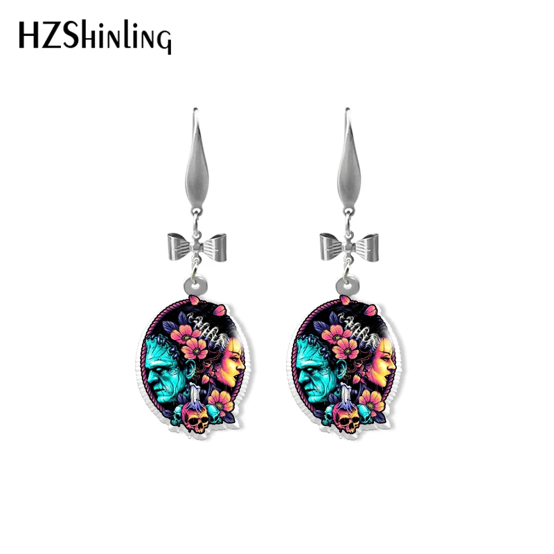 الاكريليك الايبوكسي الراتنج الأسماك هوك استرخى أقراط ، العروس من فرانكنشتاين ، هالوين الفيلم ، اليدوية ، موضة ، وصول جديد ، 2023