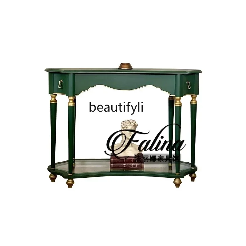Q181 new French solid wood semicircular entrance table retro against the wall, entrance cabinet  light luxury shelf, storage tab