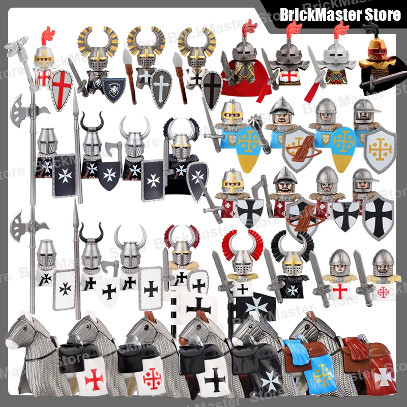 Figurines de soldats de guerre de château militaire médiéval, blocs de construction d'armes de chevalier, bouclier de guerrier d'infanterie, épée, casque, briques, jouet cadeau