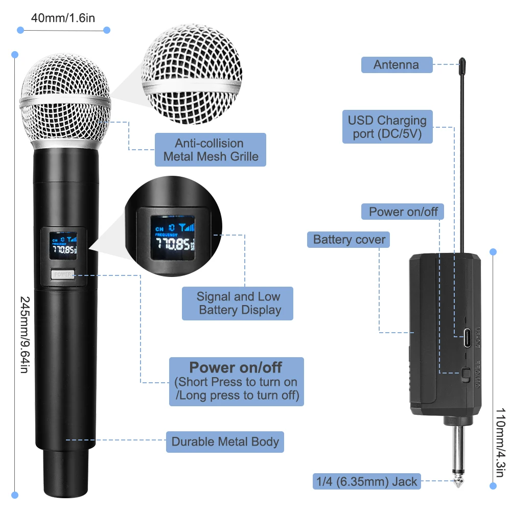 Fourfold Wireless Microphone Dual Wireless Handheld Dynamic Mic System with Rechargeable Receiver Battery for Karaoke Singing