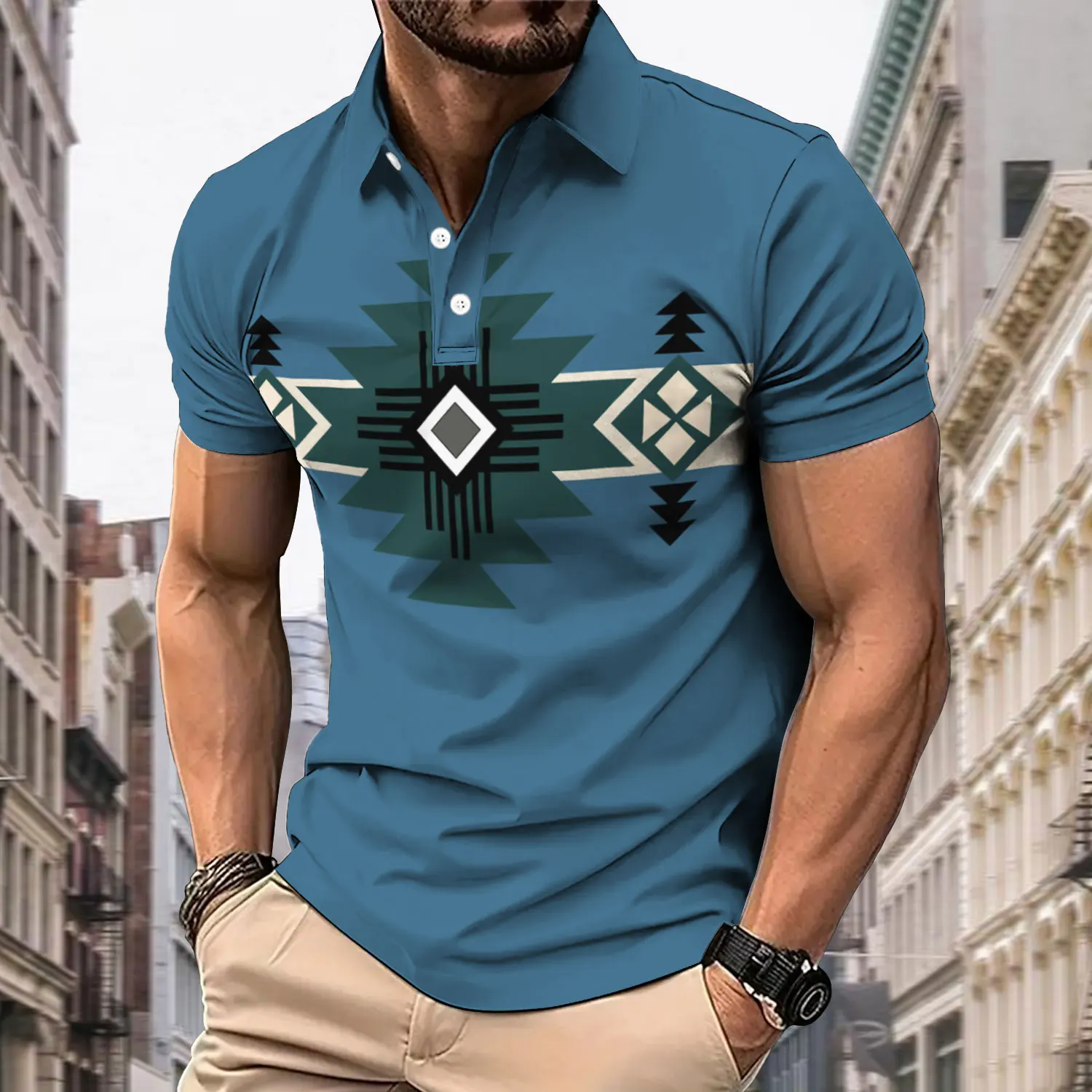 Summer New Men's Casual Polo Fashion Digital Printed Top Flip Collar Polo Machine Washable