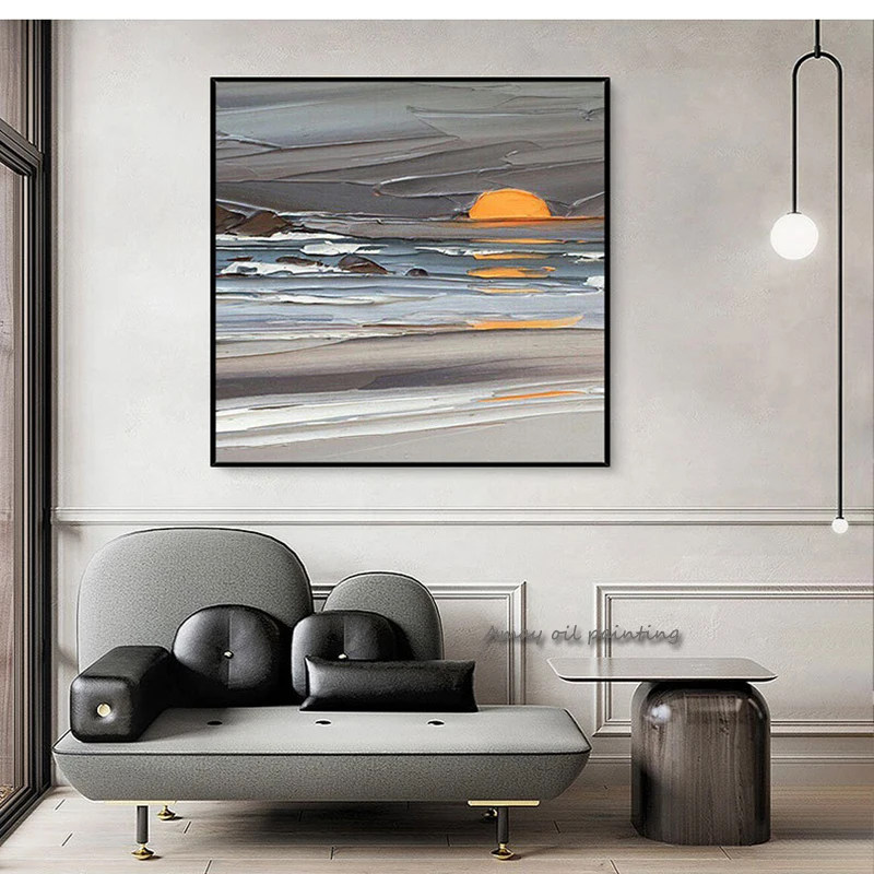 100%Handmade Large Color Sunrise Oil Picture Scenery Thick Mural Oil Painting Sea Wall Decoration Blue Sky Room Artwork Unframed