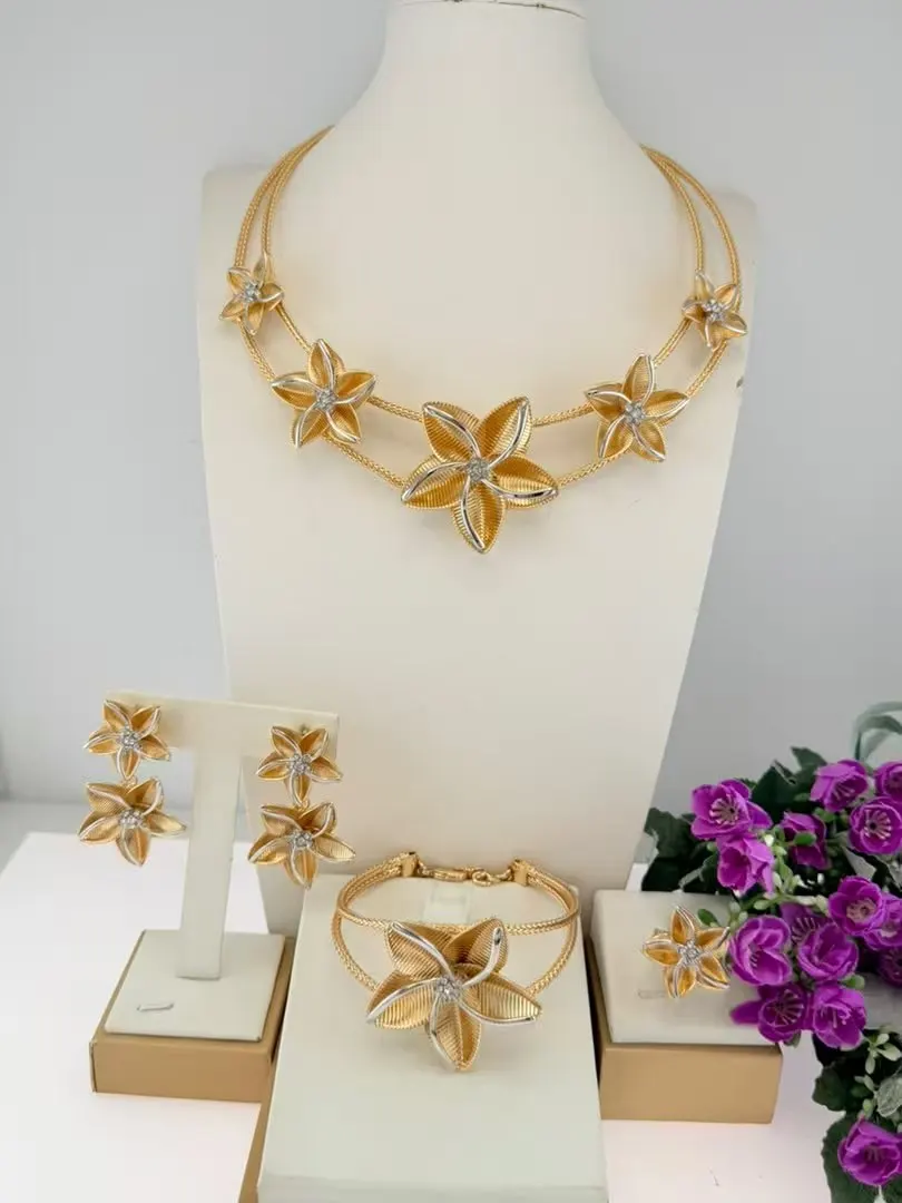 Fabulous Fashionable Two Tone Flower Shape Brazilian Jewelry set llaveros Collar Pulseras pin Pendient tentacles Anillo 4PC Set