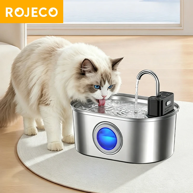 ROJECO Fontanella d'acqua wireless in acciaio inossidabile per gatti, con filtri e sensore intelligente, distributore d'acqua per cani e gatti, fontanella per animali domestici, accessori per