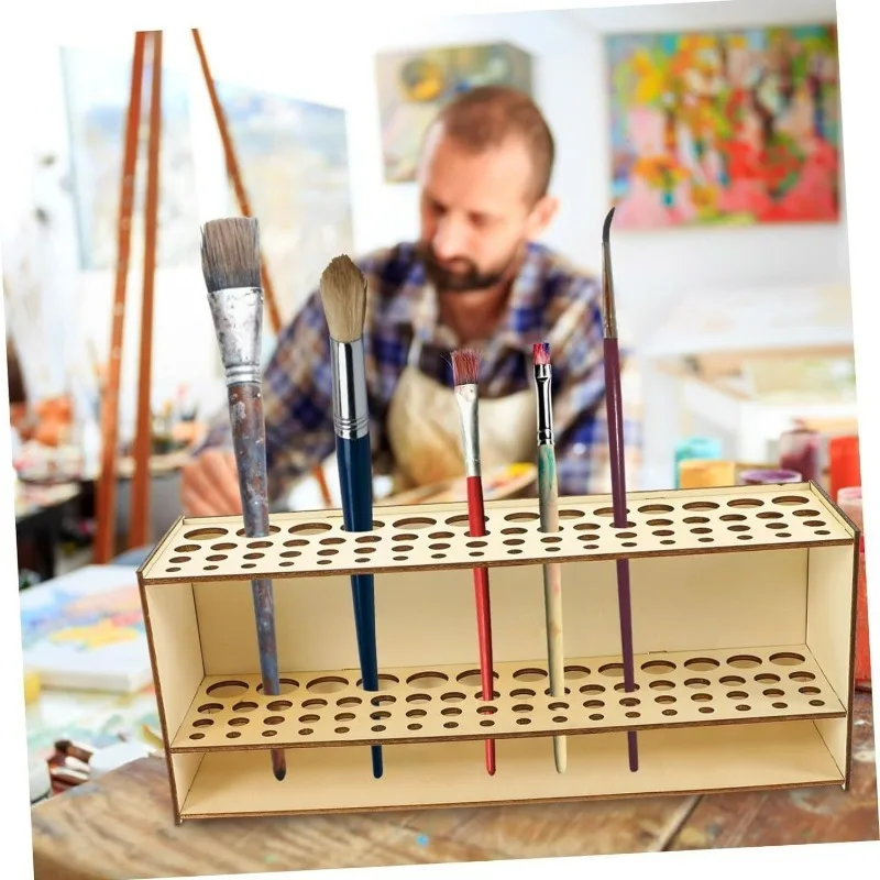 High Quality Wooden Brush Stand Double Layer Large Capacity Desk Organizer Artist Pencil Paintbrush Storage Holder