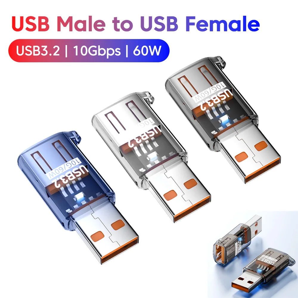 60W USB3.2 Adapter Fast Charging USB Male To USB Female Adaptor 10Gbps Data Transfer For PC /Laptop /USB flash drive/Keyboard