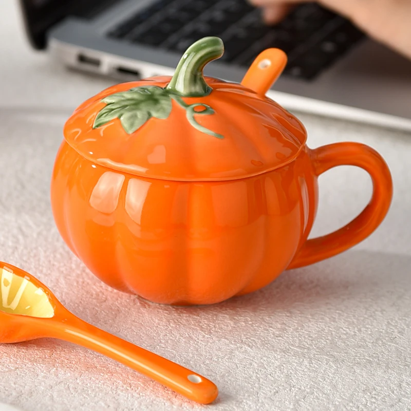 Creative Ceramic Pumpkin Cup Ins Color Blocking Versatile Soup Cups With Lidded Spoon Household Microwave Heatable Mug
