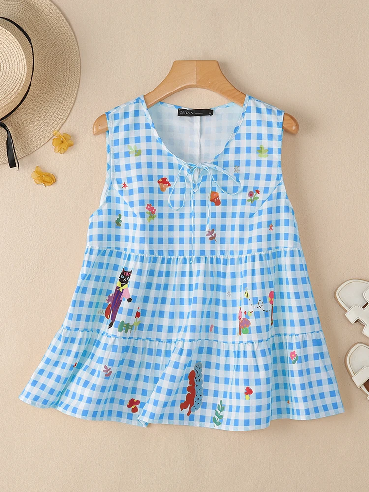 

ZANZEA Bohemian Plaid Tank Tops Women Summer Ruffled Tees 2025 Fashion Sleeveless Printed Blouse Bandage Casual Loose Shirts