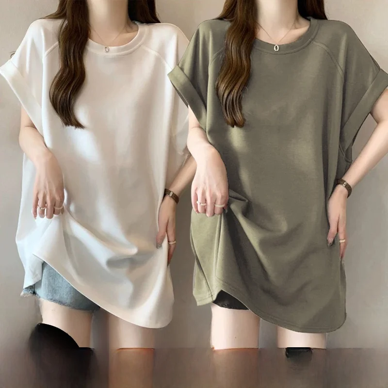 

Женская футболка больших размеров ort Sve Loose Fit, новинка лета, с эффектом похудения, повседневная корейская футболка средней длины