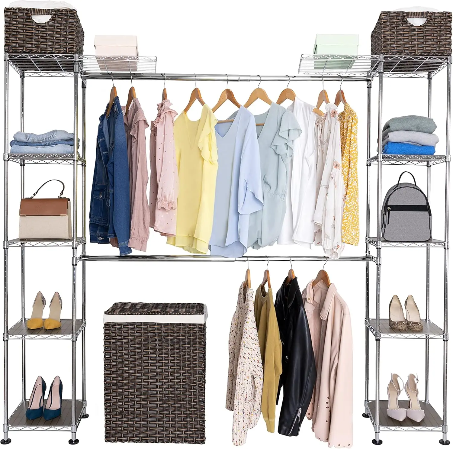 

Seville Classics Closet Garment Organizer with Metal Hanging Rod Wardrobe Storage System, w/ Steel Shelves for Clothes, Shirts,