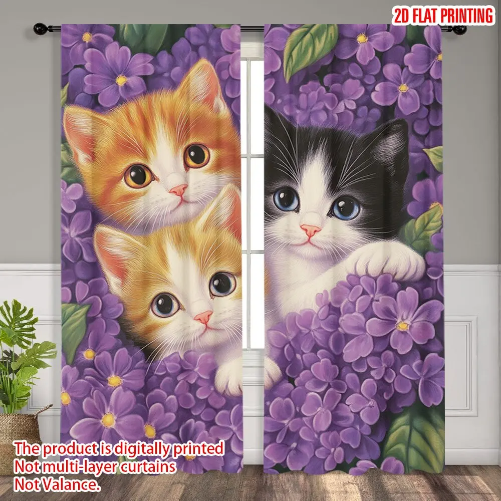 Cute Three Kitten Rod Pocket Curtain Orange Tabby Tuxedo Cat Purple Lilac Print Window Drapes Kids Bedroom Nursery Home Decor