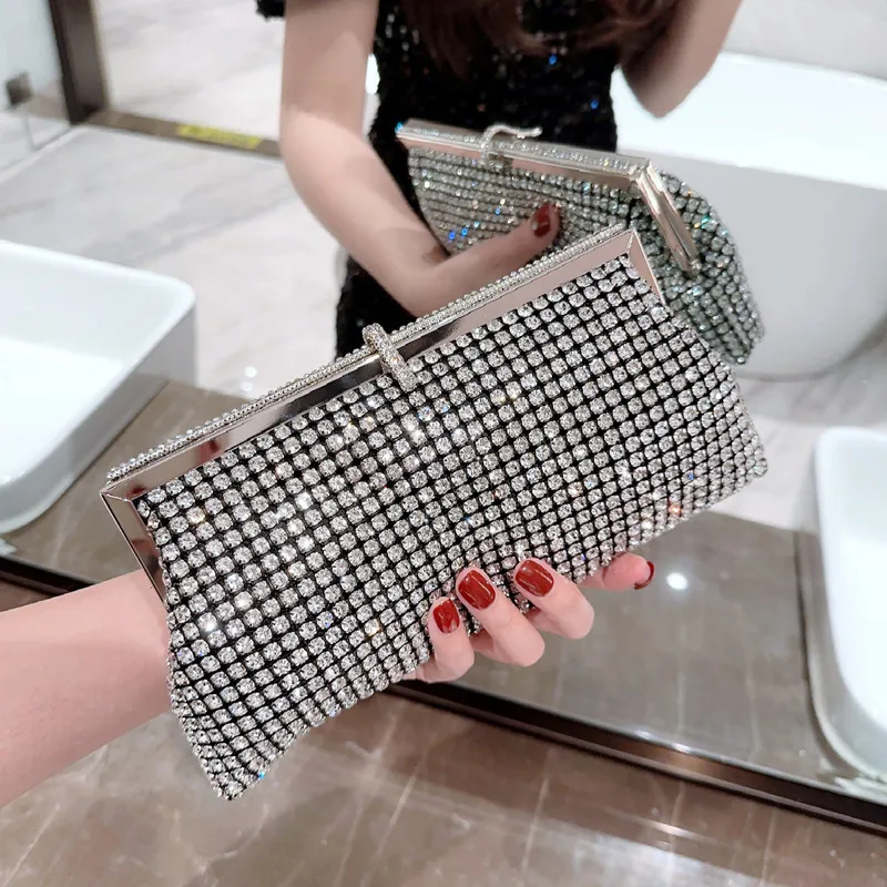 Fashion Luxury Designer Evening Clutch Bag  Rhinestones silver Shiny Crystal Wedding Purses and  Shoulder Bag Handbags