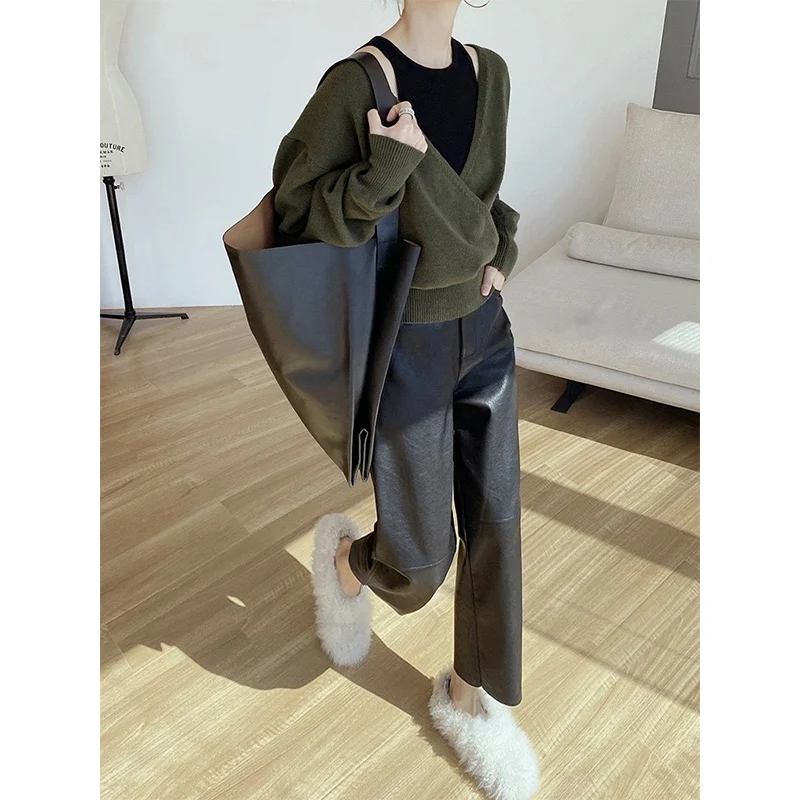 

Lamb Leather Pants Loose Fit High Waist Straight Leg Nine-Tenths Elastic Ba Waist Versatile Casual Trousers for Women