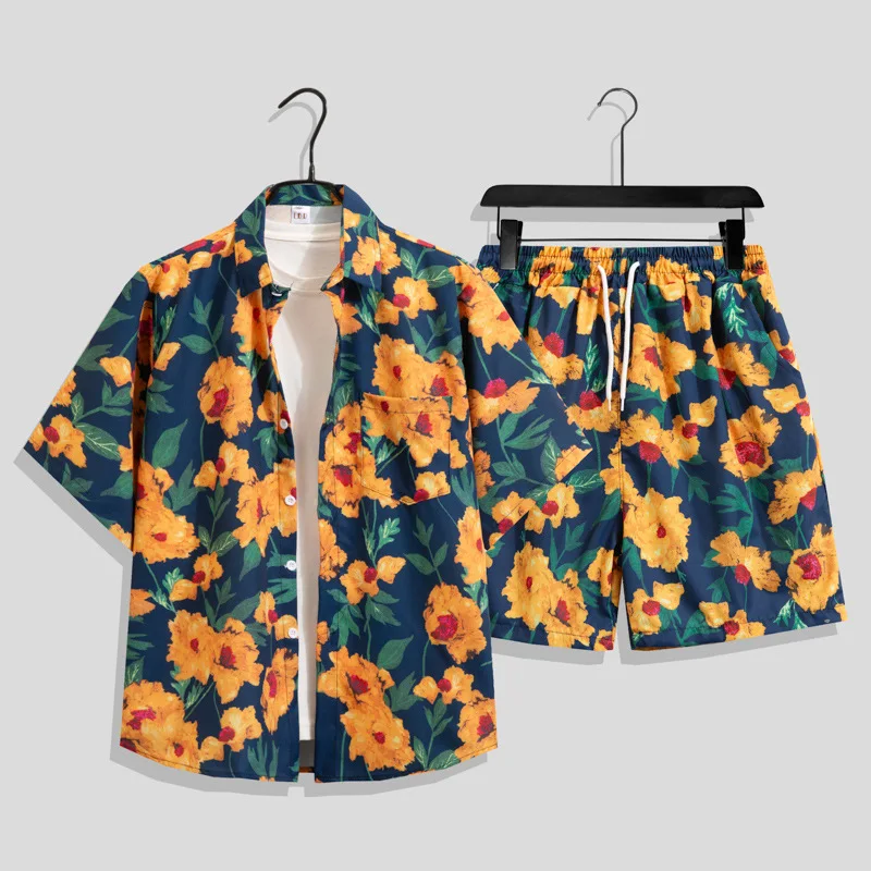 Summer Men's Hawaiian Beach Vacation Casual Suit Plus Size Loose Quick Drying Short Sleeve Floral Shirt Shorts Two Piece Set
