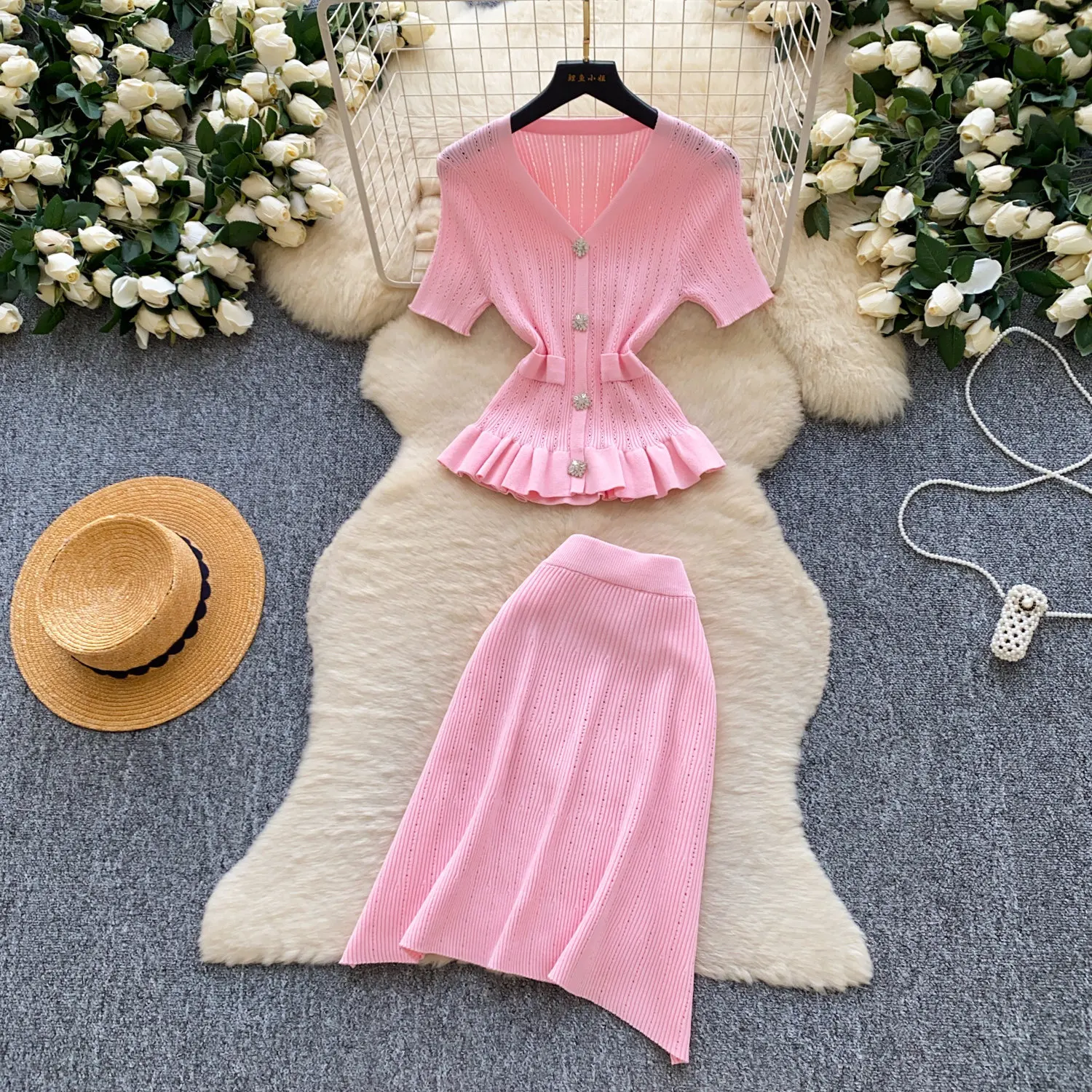 Zweiteilige Sets für Damen, Rock-Set, V-Ausschnitt, Kurzarm-Oberteil, mittellange Röcke, A-Linie, hohe Taille, Y2K-Streetwear, elegante Strickkleidung für die Arbeit