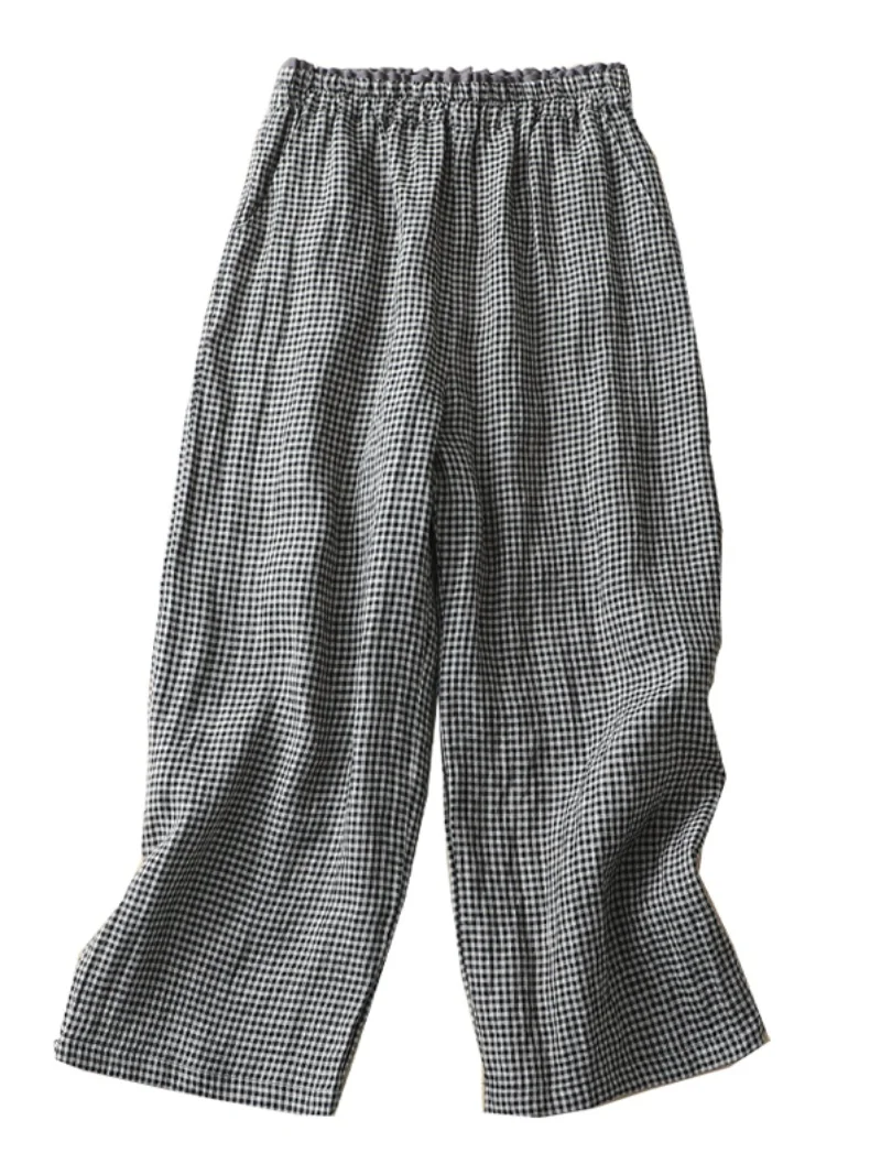 Casual algodão linho calças de perna larga cintura alta nove pontos cintura solta padrão xadrez marca feminina faion calças verão