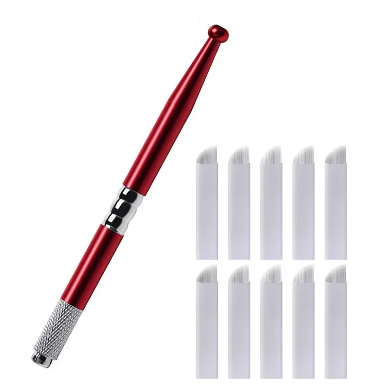 قلم يدوي + 10 قطع من إبر الوشم Microblading أدوات تصميم الحواجب الاحترافية للمكياج الدائم