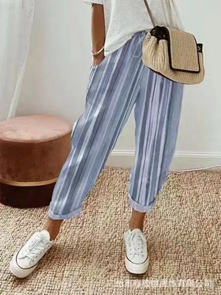 2024 Summer Solid Color Printed Stripe Pants Wide Leg Pants Pocket Elastic Slim Fit Commuter Style Women's Pants