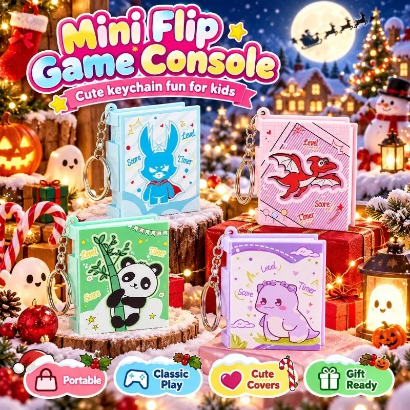 Flip Book Design Tetris Game Console, Mini Handheld Electronic Unit with Keychain Accessory