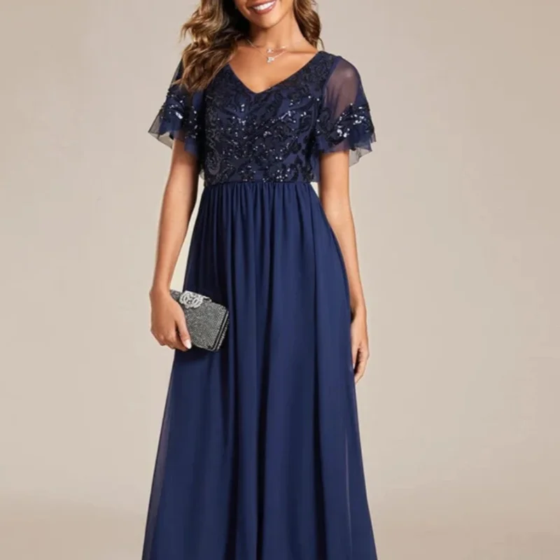 

Chiffon V-Neck Party Dress Short Sleeves Beautifully Pleated Applique Mom Dress Floor-Length Formal Occasion Party Dress