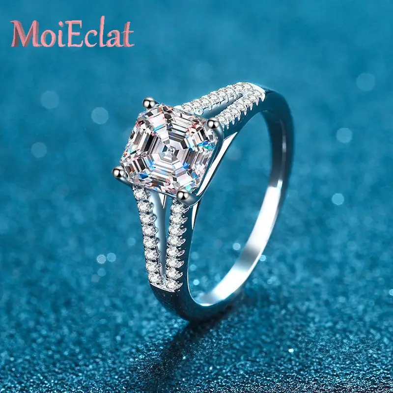 

Luxury 2ct Asscher Cut Moissanite Ring for Women, Platinum PT950 Micro Inlaid Broken Diamonds Engagement Band Glamorous Jewelry