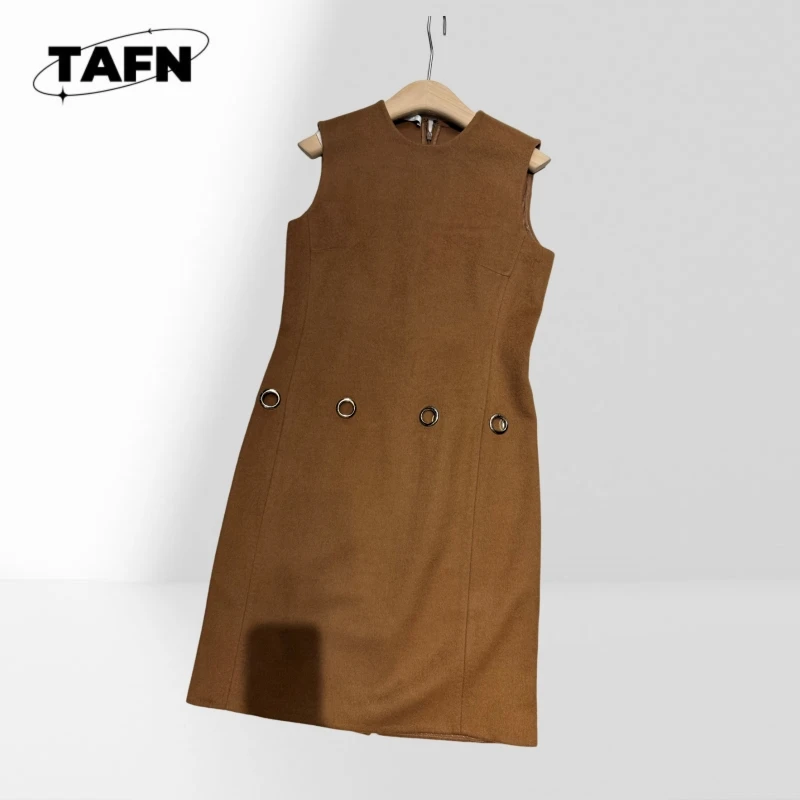 Wool Women Sleeveless Midi Dress Round Neck Wool Blend A Line Dress Metal Eyelet Decor Elegant Office  BH1965