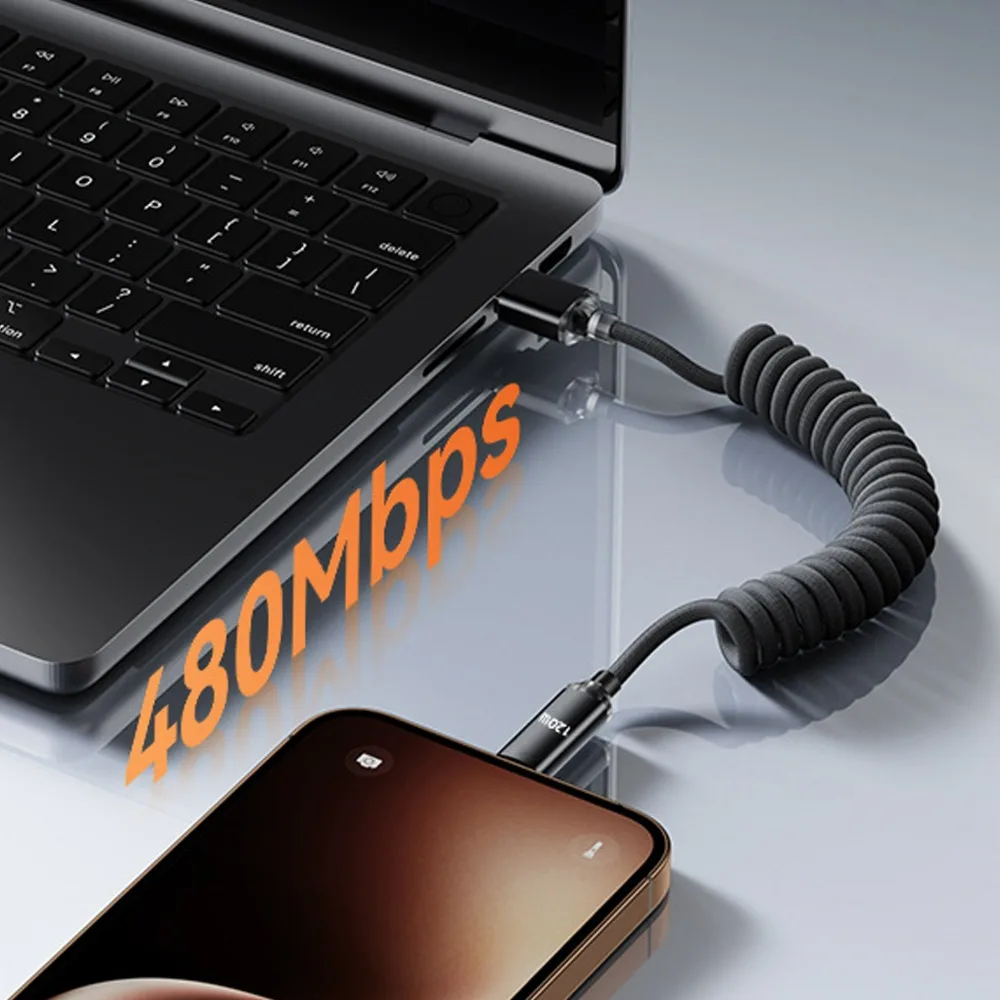 120 واط سيارة الربيع كابل بيانات قابل للسحب USB C إلى نوع C كابل شحن سريع آيفون 17 16 15 سامسونج المزدوج نوع C كابل 1 متر 2 متر