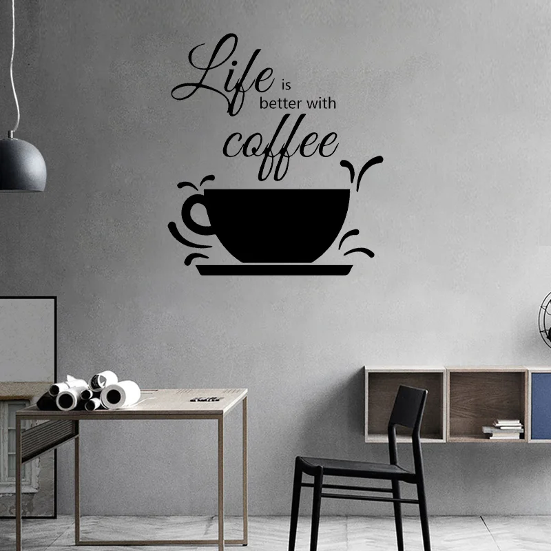 Life Is Better with Coffee Quotes Kitchen Wall Stickers Vinyl Home Decor for Cafe Shop Fashion Coffee Cup Decals Wallpaper D581