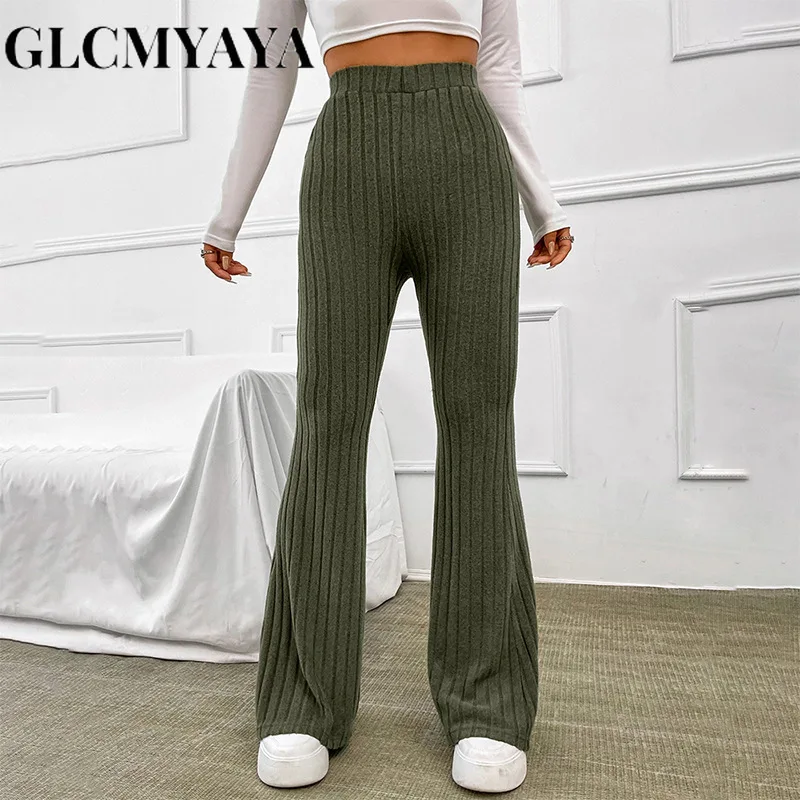 

GLCMYAYA Women Streetwear Solid Screw Thread Elastic Waist Boot Cut Pants 2023 Summer Fashion Basics Sporty Wide Leg Pants