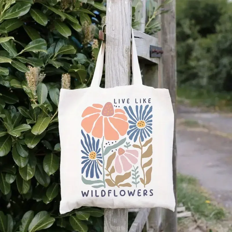 

Boho floral Print Canvas Tote Bag Women's Aesthetics Wildflowers Beach Shoulder Bag Student Casual Travel Floral Trend Handbag