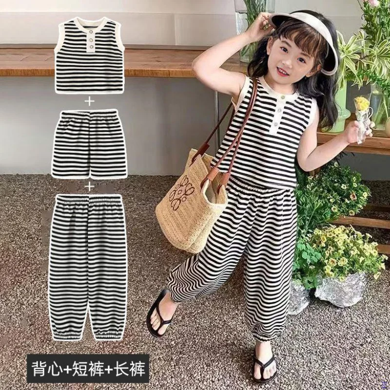 Girl Two Piece Set 2024 Sleeveless Stripes Summer Clothing Fashionable Vest T-Shirt Trendy