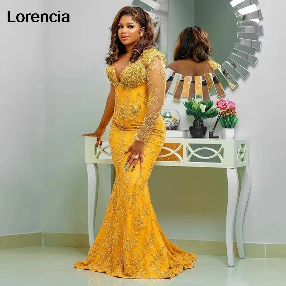 Customized Plus Size Gold Lace African Formal Dress Sheer Neck Mermaid Prom Gown Aso Ebi Black Women Party Dress YPD223