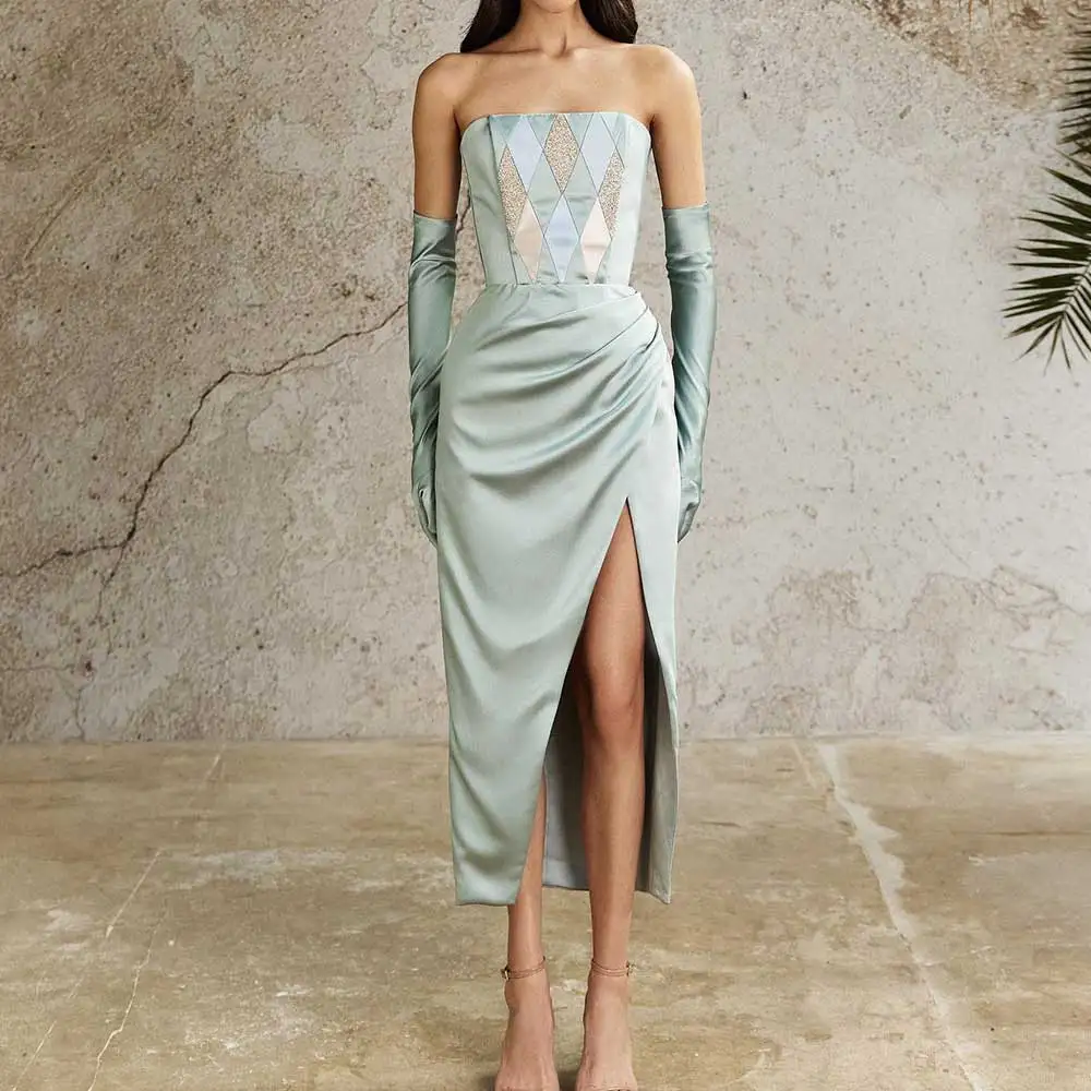 

Customized Vintage Satin Sheath Patchwork Strapless High Split Draped With Gloves Backless Tea-Length Sleeveless Party Gown