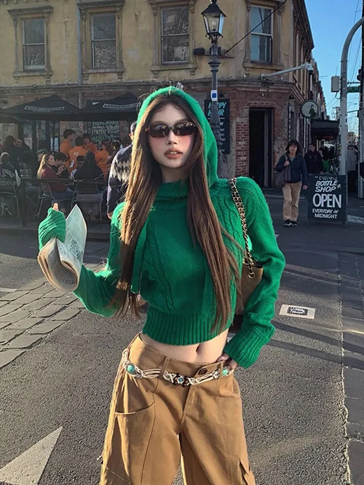 

Уличная одежда, вязаный свитер с капюшоном, женский Y2K Harajuku, винтажный облегающий укороченный пуловер, повседневные джемперы на шнуровке с длинными рукавами, ранняя осень