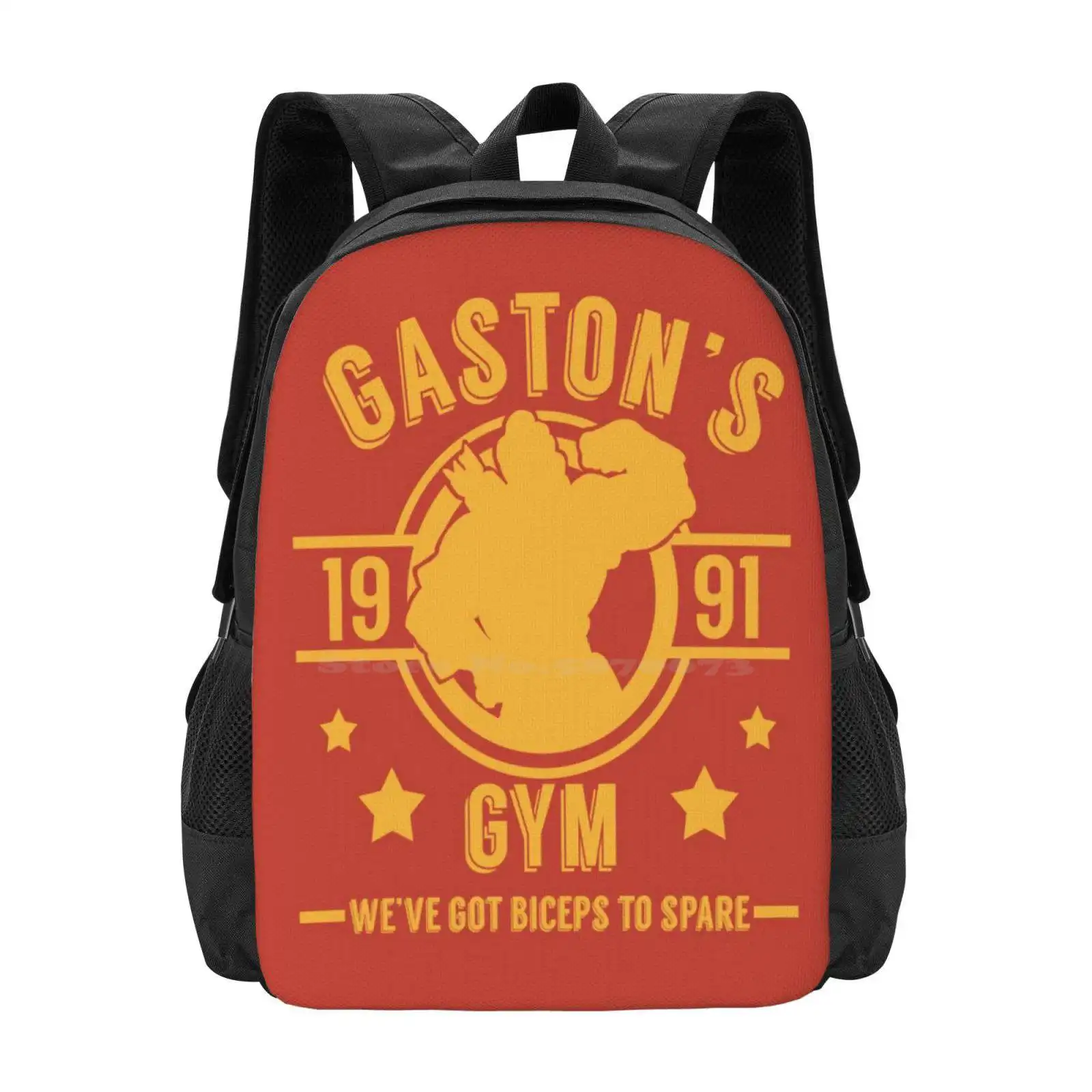 Gaston'S Gym (Red & Yellow Version) Hot Sale Schoolbag Backpack Fashion Bags Gaston Gym Fictional Company Biceps To Spare