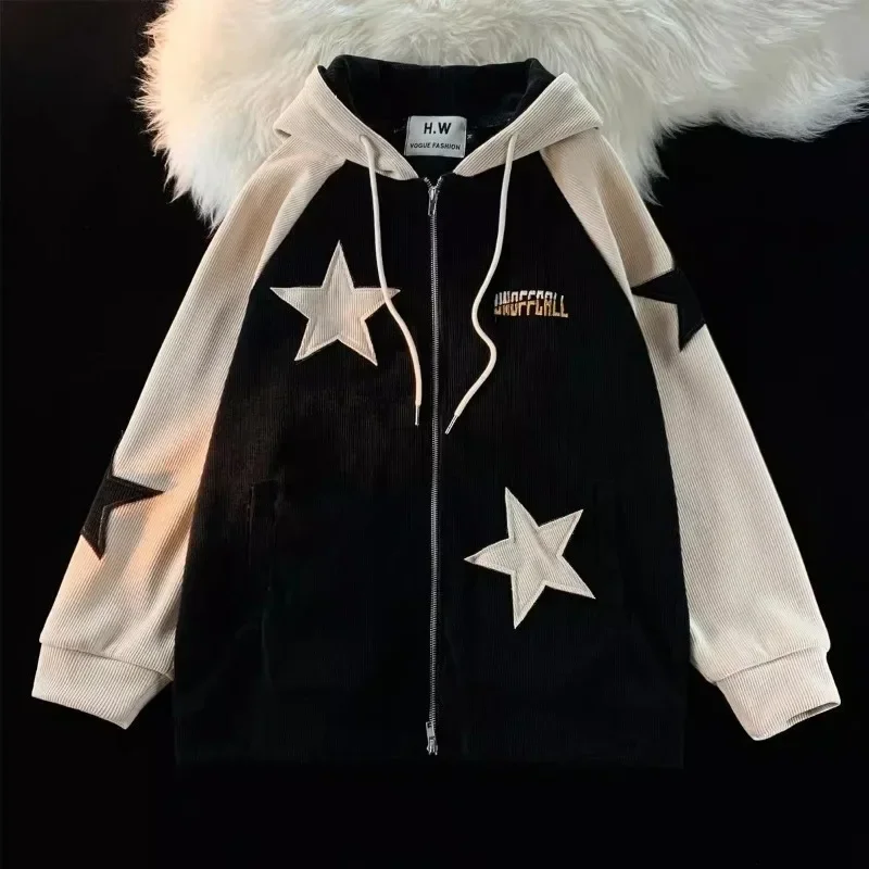 New Trend Retro Patch Stars Embroidered Corduroy Zipper Hoodies For Men And Women Harajuku Gothic Loose Sweatshirts Y2k Tops