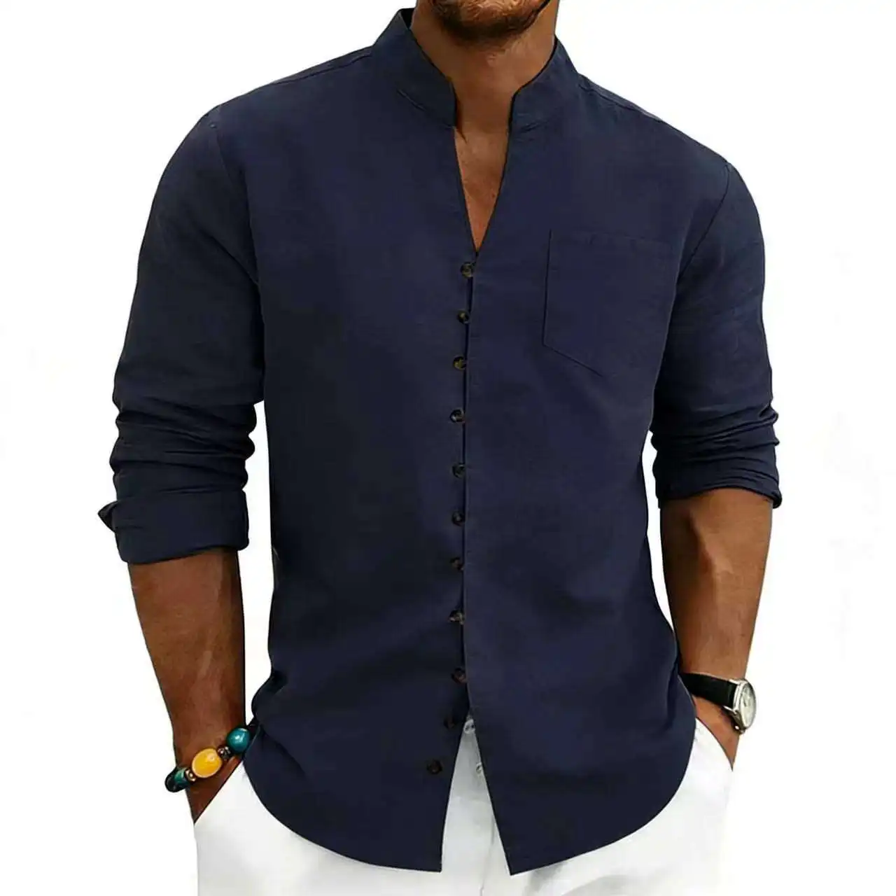 

2026 Spring Season Casual Linen Long Sleeve Button up Shirt Beachwear Top Color Regular Fit Men's Fashion Independent S...
