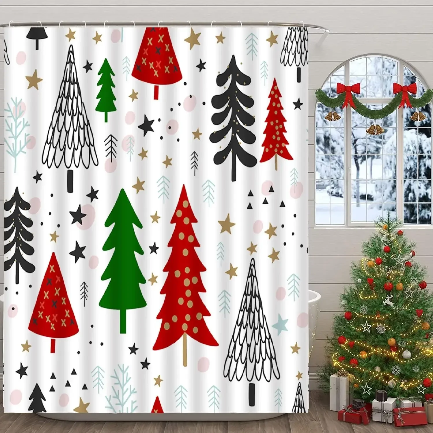 Christmas Nutcracker Shower Curtain, Christmas Tree Snowman Bathroom Curtain Decoration Set With Hook Fabric Christmas Gift