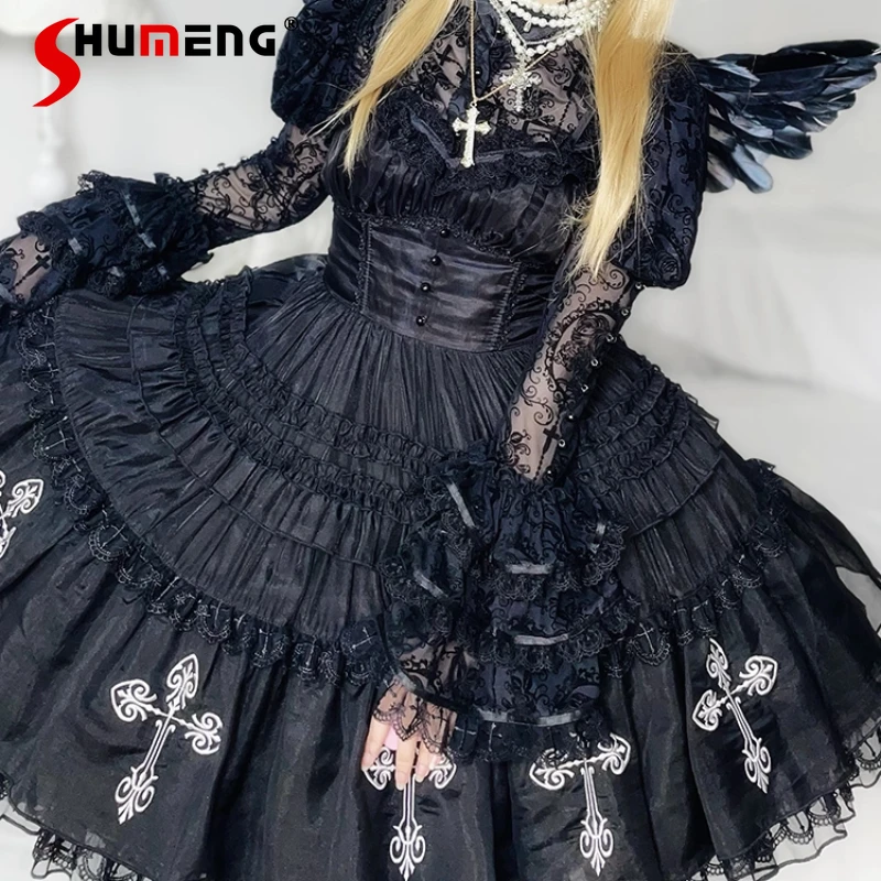 

Halloween Cos Women's Dress Autumn New Women's Dark Gothic Slim Fit Elegant Princess Dress Female Lolita Long-sleeve Shirt Bnt