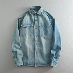 Heavy chunky tooling nostalgic washed men's denim shirt Autumn men's retro long-sleeved jacket