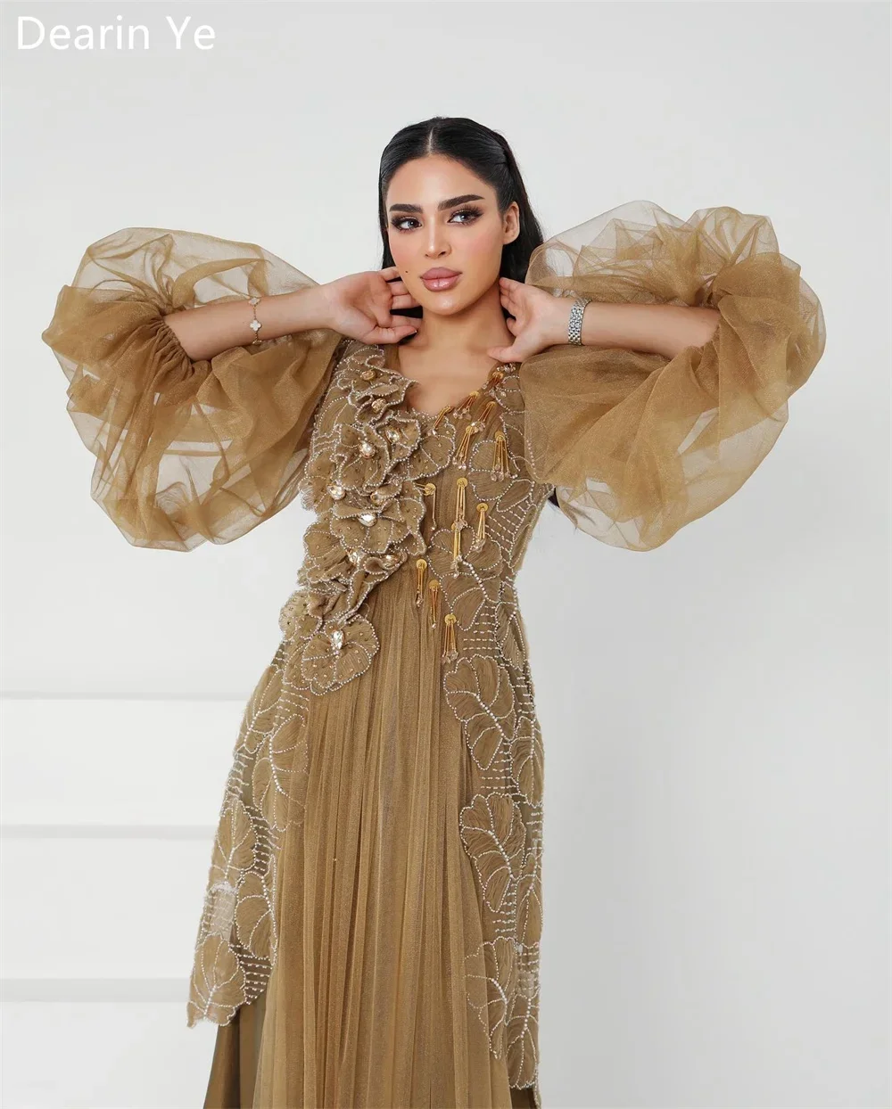 Customized Saudi Arabia Dearin V-neck A-line Floor Length Skirts Draped Tulle Applique Flower Bespoke Occasion Dresses Evening D