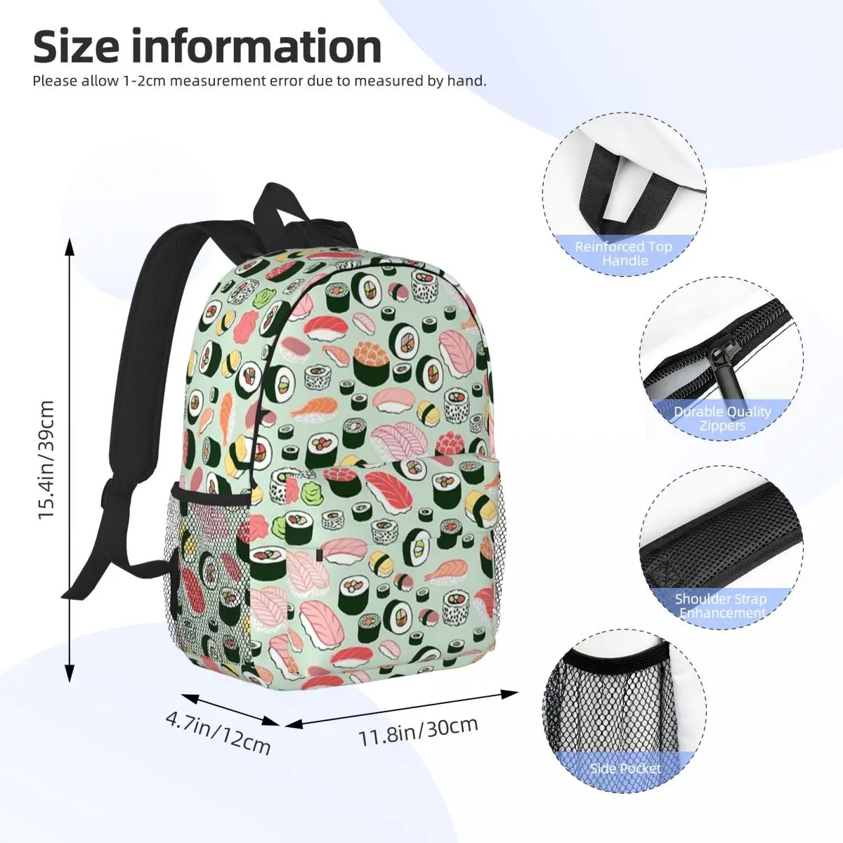 Sushi Forever Backpacks Boys Girls Bookbag Cartoon Students School Bags Travel Rucksack Shoulder Bag Large Capacity