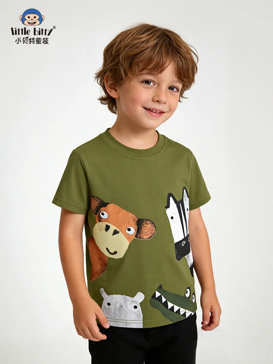Children's Short-Sleeve Round-Neck Shirt Cartoon Animal Print Spring Summer New Aged 6-12T Clothing