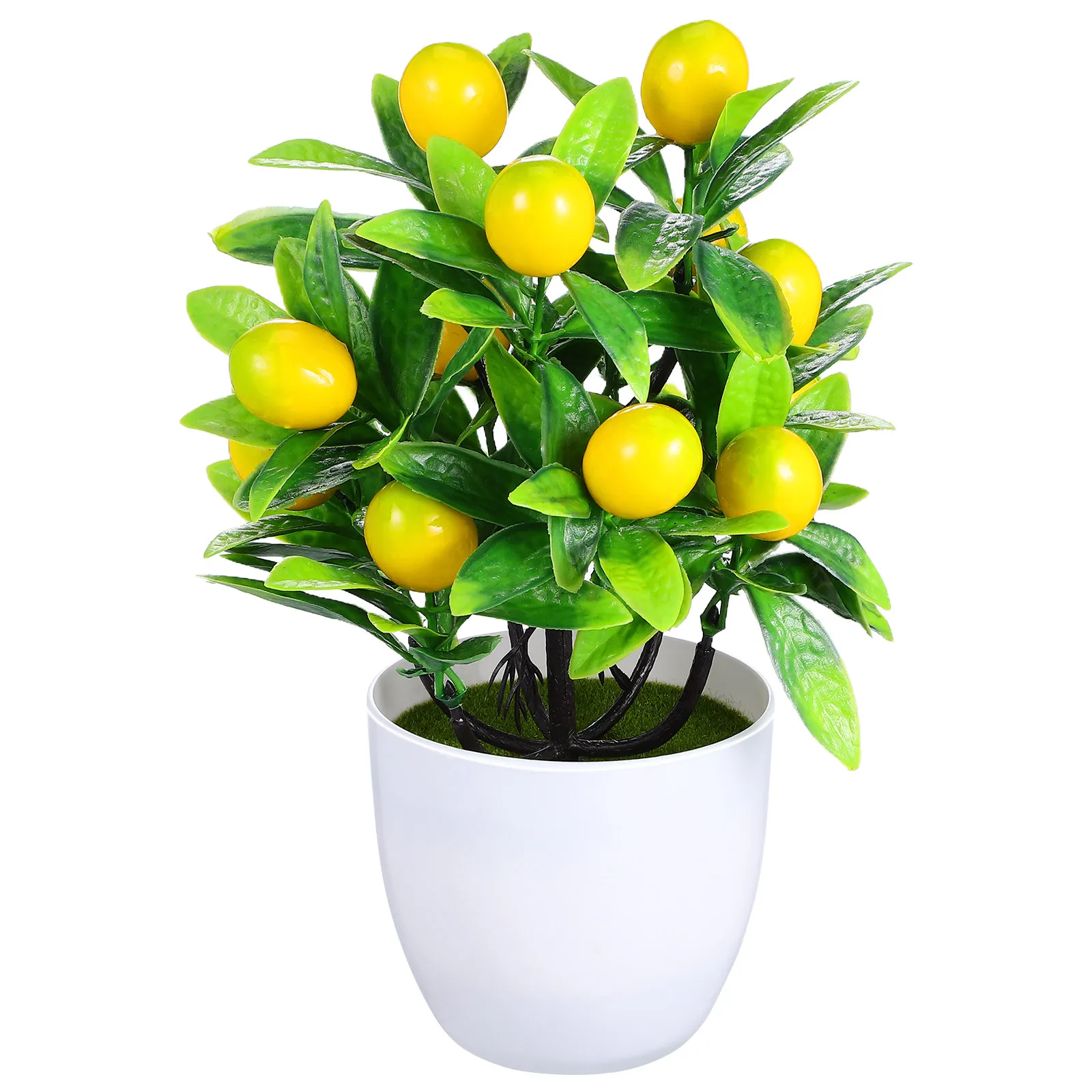 Mini Artificial Lemon Tree Bonsai Fake Potted Plant Lifelike Small Green Decor for Living Space Bedroom Office Desk Indoor