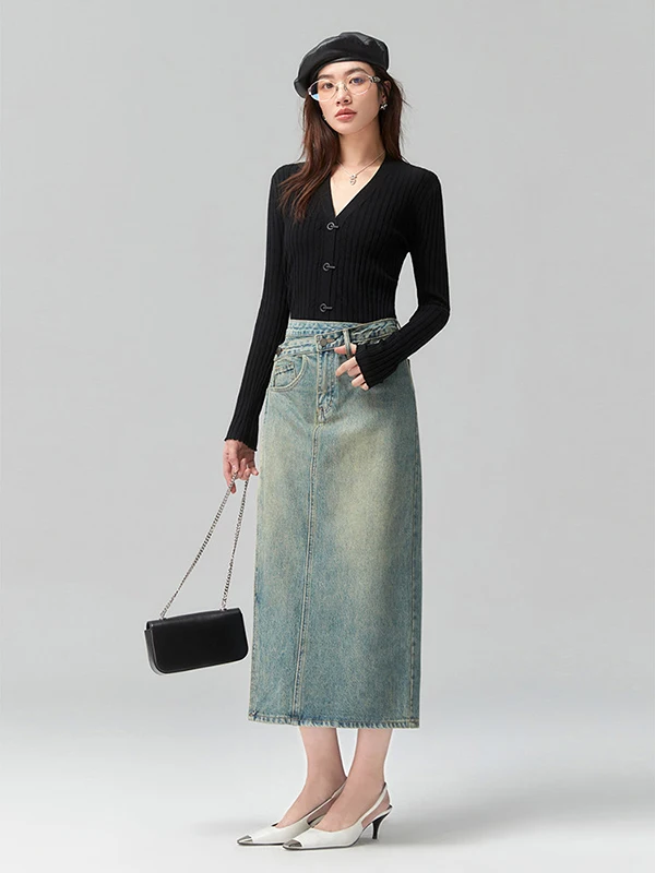 

Faionable Vintage Waed Denim Skirt High Waist A-Line Cotton Blend Side Slit ket Detail Commute Sle Ladies Skirt