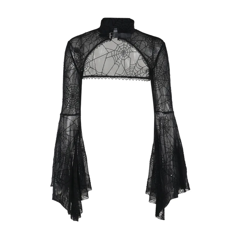 Vestido Gótico de loween com Fenda Alta em Veludo Transparente e Estampa de Teia de Aranha, com X, Top Micro-Leve Escur...